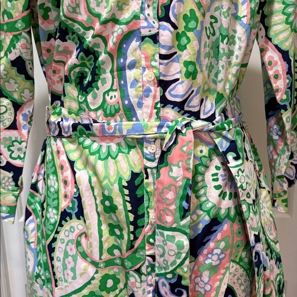 Talbots sz 14 preppy pink green and white patterned button front shirt dress - Picture 3 of 8